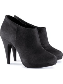 Boots - predominant colour: black; occasions: casual, evening; material: suede; heel height: high; heel: platform; toe: round toe; boot length: shoe boot; style: standard; finish: plain; pattern: plain