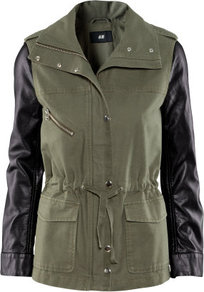 Jacket - pattern: plain; shoulder detail: obvious epaulette, contrast pattern/fabric at shoulder, discreet epaulette; hip detail: front pockets at hip; collar: high neck; style: boxy; predominant colour: khaki; occasions: casual, work; length: standard; fit: straight cut (boxy); fibres: cotton - 100%; waist detail: belted waist/tie at waist/drawstring; bust detail: contrast pattern/fabric/detail at bust; sleeve length: long sleeve; sleeve style: standard; texture group: leather; collar break: high; pattern type: fabric