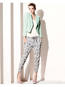 Trousers - waist detail: elasticated waist, belted waist/tie at waist/drawstring; pocket detail: small back pockets, pockets at the sides; style: peg leg; waist: mid/regular rise; predominant colour: charcoal; occasions: casual, evening; length: ankle length; fibres: polyester/polyamide - stretch; texture group: crepes; trends: high impact florals; fit: tapered; pattern type: fabric; pattern size: small & busy; pattern: florals, patterned/print