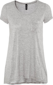 Top - neckline: round neck; pattern: plain; length: below the bottom; style: t-shirt; predominant colour: light grey; occasions: casual; fibres: polyester/polyamide - 100%; fit: loose; back detail: longer hem at back than at front; sleeve length: short sleeve; sleeve style: standard; pattern type: fabric; texture group: jersey - stretchy/drapey