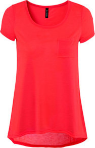 Top - neckline: round neck; pattern: plain; length: below the bottom; style: t-shirt; predominant colour: coral; occasions: casual; fibres: polyester/polyamide - 100%; fit: loose; back detail: longer hem at back than at front; sleeve length: short sleeve; sleeve style: standard; pattern type: fabric; texture group: jersey - stretchy/drapey