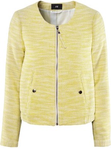 Jacket - collar: round collar/collarless; fit: loose; hip detail: front pockets at hip, fitted at hip, added detail/embellishment at hip, ruching/gathering at hip; pattern: herringbone/tweed; style: bomber; predominant colour: primrose yellow; occasions: casual, evening, work, holiday; length: standard; fibres: cotton - mix; bust detail: contrast pattern/fabric/detail at bust; sleeve length: long sleeve; sleeve style: standard; trends: metallics; collar break: high; pattern type: fabric; pattern size: small & light; texture group: woven light midweight