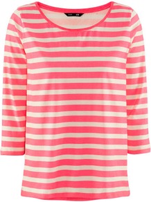 Top - neckline: round neck; pattern: horizontal stripes, striped; style: t-shirt; predominant colour: pink; occasions: casual, work; length: standard; fibres: cotton - 100%; fit: straight cut; sleeve length: 3/4 length; sleeve style: standard; pattern type: fabric; pattern size: small & busy; texture group: jersey - stretchy/drapey