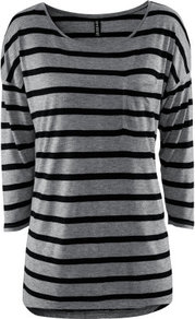 Top - pattern: horizontal stripes, striped; style: t-shirt; bust detail: pocket detail at bust; predominant colour: mid grey; occasions: casual, work; length: standard; fibres: polyester/polyamide - 100%; fit: body skimming; neckline: crew; sleeve length: 3/4 length; sleeve style: standard; trends: striking stripes; pattern type: fabric; pattern size: small & busy; texture group: jersey - stretchy/drapey