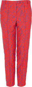 Fluro Lace Jacquard Trousers - pocket detail: small back pockets, pockets at the sides; waist: mid/regular rise; predominant colour: hot pink; occasions: casual, evening, work, occasion; length: ankle length; fibres: cotton - mix; texture group: lace; trends: fluorescent; fit: slim leg; pattern type: fabric; pattern size: small & light; pattern: patterned/print; style: standard