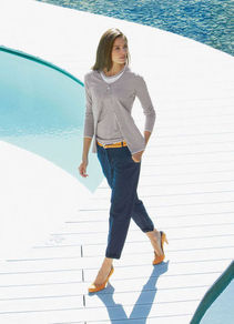 Chino Trousers - pattern: plain; pocket detail: small back pockets, pockets at the sides; waist: high rise; predominant colour: navy; occasions: casual, holiday; length: ankle length; style: chino; fibres: cotton - stretch; texture group: cotton feel fabrics; fit: slim leg; pattern type: fabric