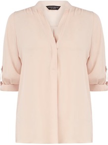 Blush Roll Sleeve Shirt - neckline: v-neck; pattern: plain; style: shirt; predominant colour: blush; occasions: casual, work, holiday; length: standard; fibres: polyester/polyamide - 100%; fit: straight cut; sleeve length: 3/4 length; sleeve style: standard; texture group: sheer fabrics/chiffon/organza etc.; pattern type: fabric