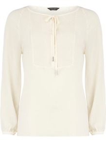 Ivory Bib Front Blouse - neckline: round neck; pattern: plain; bust detail: added detail/embellishment at bust; sleeve style: balloon; style: blouse; hip detail: fitted at hip; predominant colour: ivory; occasions: casual, evening, work; length: standard; fibres: polyester/polyamide - 100%; fit: body skimming; sleeve length: long sleeve; texture group: sheer fabrics/chiffon/organza etc.; pattern type: fabric; pattern size: standard