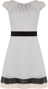 Grey Colour Block Circle Dress - style: shift; length: mid thigh; neckline: round neck; sleeve style: capped; bust detail: ruching/gathering/draping/layers/pintuck pleats at bust; predominant colour: light grey; occasions: casual, evening, work; fit: fitted at waist & bust; fibres: polyester/polyamide - 100%; hip detail: soft pleats at hip/draping at hip/flared at hip; waist detail: narrow waistband; sleeve length: short sleeve; trends: glamorous day shifts; pattern type: fabric; pattern size: small & light; pattern: colourblock; texture group: other - light to midweight