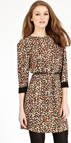 Block Leopard Dress - style: shift; length: mid thigh; fit: fitted at waist; waist detail: belted waist/tie at waist/drawstring; predominant colour: chocolate brown; secondary colour: camel; occasions: casual, evening; fibres: polyester/polyamide - 100%; neckline: crew; sleeve length: 3/4 length; sleeve style: standard; pattern type: fabric; pattern size: small & busy; pattern: animal print; texture group: jersey - stretchy/drapey