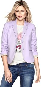 Ponte Two Button Blazer - pattern: plain; style: single breasted blazer; hip detail: side pockets at hip; collar: standard lapel/rever collar; predominant colour: lilac; occasions: casual, evening, work, holiday; length: standard; fit: tailored/fitted; fibres: polyester/polyamide - stretch; back detail: back vent/flap at back; sleeve length: long sleeve; sleeve style: standard; texture group: structured shiny - satin/tafetta/silk etc.; collar break: medium; pattern type: fabric