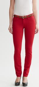 Red Skinny Jean - style: skinny leg; length: standard; pattern: plain; waist: low rise; pocket detail: traditional 5 pocket; predominant colour: true red; occasions: casual; fibres: cotton - stretch; jeans detail: dark wash; texture group: denim; pattern type: fabric
