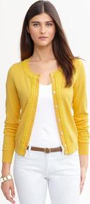 Double Bead Cardigan - neckline: round neck; hip detail: fitted at hip; bust detail: buttons at bust (in middle at breastbone)/zip detail at bust; predominant colour: primrose yellow; occasions: casual; length: standard; style: standard; fibres: cotton - 100%; fit: standard fit; sleeve length: long sleeve; sleeve style: standard; texture group: knits/crochet; pattern type: knitted - fine stitch; embellishment: beading