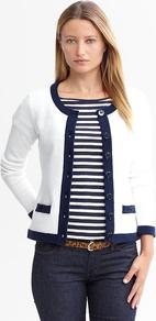 Tipped Sweater Jacket - pattern: plain; collar: round collar/collarless; style: boxy; predominant colour: white; secondary colour: navy; occasions: casual, evening, work, holiday; length: standard; fit: straight cut (boxy); fibres: cotton - stretch; sleeve length: 3/4 length; sleeve style: standard; collar break: medium; pattern type: fabric; texture group: woven light midweight