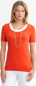 Piped Short Sleeve Pullover - neckline: scoop neck; pattern: plain; style: standard; hip detail: fitted at hip; predominant colour: bright orange; occasions: casual, work; length: standard; fibres: cotton - mix; fit: slim fit; bust detail: contrast pattern/fabric/detail at bust; sleeve length: short sleeve; sleeve style: standard; texture group: knits/crochet; pattern type: knitted - fine stitch; pattern size: small & light