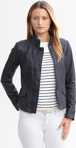 Navy Leather Jacket - pattern: plain; style: biker; collar: standard biker; fit: slim fit; predominant colour: navy; occasions: casual; length: standard; fibres: leather - 100%; sleeve length: long sleeve; sleeve style: standard; texture group: leather; collar break: high/illusion of break when open; pattern type: fabric