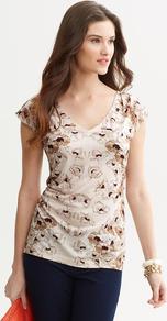 Floral V Neck Top - neckline: v-neck; sleeve style: capped; hip detail: fitted at hip; predominant colour: camel; occasions: casual, work; length: standard; style: top; fibres: polyester/polyamide - 100%; fit: body skimming; sleeve length: short sleeve; texture group: jersey - clingy; trends: high impact florals; pattern type: fabric; pattern size: standard; pattern: florals