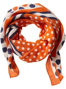 Barbara Dot Print Scarf - predominant colour: bright orange; occasions: casual, work, occasion; type of pattern: standard; style: square; material: fabric; pattern: polka dot; trends: modern geometrics; size: small