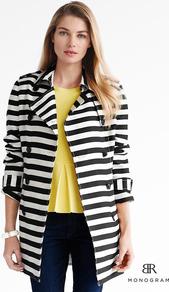 Br Monogram - pattern: horizontal stripes; style: trench coat; collar: standard lapel/rever collar; length: mid thigh; predominant colour: black; occasions: casual, evening, work, occasion; fit: straight cut (boxy); fibres: polyester/polyamide - mix; sleeve length: long sleeve; sleeve style: standard; trends: striking stripes; collar break: medium; pattern type: fabric; pattern size: standard; texture group: other - light to midweight