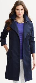Classic Trench - pattern: plain; style: trench coat; length: on the knee; collar: standard lapel/rever collar; predominant colour: navy; occasions: casual; fit: tailored/fitted; fibres: cotton - 100%; sleeve length: long sleeve; sleeve style: standard; texture group: cotton feel fabrics; collar break: medium; pattern type: fabric