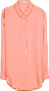 Patti Tape Button Down Blouse - neckline: shirt collar/peter pan/zip with opening; pattern: plain; length: below the bottom; style: shirt; predominant colour: coral; occasions: evening; fibres: polyester/polyamide - 100%; fit: loose; sleeve length: long sleeve; sleeve style: standard; texture group: sheer fabrics/chiffon/organza etc.; pattern type: fabric