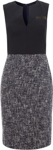 Navy Contrast Tweed Skirt Dress Size - style: shift; neckline: v-neck; sleeve style: sleeveless; waist detail: fitted waist; shoulder detail: contrast pattern/fabric at shoulder; pattern: herringbone/tweed; back detail: contrast pattern/fabric at back; predominant colour: navy; occasions: casual, evening, work; length: just above the knee; fit: body skimming; fibres: cotton - mix; sleeve length: sleeveless; trends: glamorous day shifts; pattern type: fabric; pattern size: standard; texture group: tweed - light/midweight