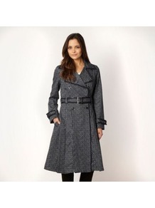 Navy Textured Trimmed Grid Patterned Mac - pattern: checked/gingham; length: below the bottom; style: double breasted; collar: standard lapel/rever collar; secondary colour: ivory; predominant colour: navy; occasions: work; fit: tailored/fitted; fibres: cotton - 100%; waist detail: belted waist/tie at waist/drawstring; sleeve length: long sleeve; sleeve style: standard; collar break: medium; pattern type: fabric; pattern size: small & busy; texture group: woven light midweight