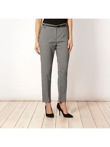 Black Skinny Belted Jacquard Trousers - pattern: plain; pocket detail: small back pockets, pockets at the sides; waist: high rise; waist detail: belted waist/tie at waist/drawstring; predominant colour: mid grey; occasions: evening, work; length: ankle length; fibres: polyester/polyamide - stretch; trends: modern geometrics; fit: straight leg; pattern type: fabric; pattern size: standard; texture group: other - light to midweight; style: standard
