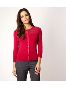 Dark Pink Crochet Panelled Cardigan - neckline: round neck; pattern: plain; shoulder detail: contrast pattern/fabric at shoulder; predominant colour: true red; occasions: casual, work; length: standard; style: standard; fit: slim fit; sleeve length: 3/4 length; sleeve style: standard; texture group: knits/crochet; pattern type: knitted - other; fibres: viscose/rayon - mix