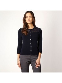 Navy Crochet Panelled Cardigan - neckline: round neck; pattern: plain; shoulder detail: contrast pattern/fabric at shoulder; predominant colour: navy; occasions: casual, work; length: standard; style: standard; fit: slim fit; sleeve length: 3/4 length; sleeve style: standard; texture group: knits/crochet; pattern type: knitted - fine stitch; fibres: viscose/rayon - mix