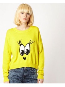 Bright Yellow Eyes Jumper - neckline: round neck; style: standard; hip detail: fitted at hip; predominant colour: yellow; occasions: casual; length: standard; fibres: cotton - 100%; fit: loose; bust detail: contrast pattern/fabric/detail at bust; sleeve length: long sleeve; sleeve style: standard; texture group: knits/crochet; trends: statement prints; pattern type: knitted - other; pattern size: big & light; pattern: patterned/print