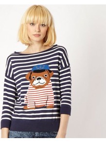 Dark Blue Striped Pug Jumper - neckline: slash/boat neckline; pattern: horizontal stripes; style: standard; predominant colour: navy; occasions: casual, holiday; length: standard; fibres: cotton - 100%; fit: standard fit; bust detail: contrast pattern/fabric/detail at bust; sleeve length: 3/4 length; sleeve style: standard; texture group: knits/crochet; trends: striking stripes; pattern type: knitted - fine stitch; pattern size: standard