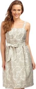 Beaded Jacquard Prom Dress - sleeve style: spaghetti straps; pattern: plain; style: prom dress; waist detail: belted waist/tie at waist/drawstring; predominant colour: ivory; occasions: evening, occasion; length: on the knee; fit: fitted at waist & bust; fibres: polyester/polyamide - mix; sleeve length: sleeveless; trends: volume; neckline: medium square neck; pattern type: fabric; pattern size: standard; texture group: brocade/jacquard; embellishment: beading