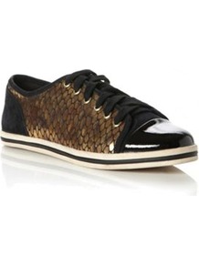 Black Suede Leap Snake Print Metallic Lace Up Trainer - predominant colour: bronze; secondary colour: black; occasions: casual; material: faux leather; heel height: flat; toe: round toe; style: trainers; trends: metallics; finish: patent; pattern: colourblock; embellishment: toe cap