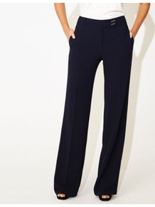 Navy Tailored Sicily Trousers - pattern: plain; length: extra long; waist: mid/regular rise; predominant colour: navy; occasions: work; fibres: polyester/polyamide - stretch; fit: wide leg; pattern type: fabric; texture group: woven light midweight; style: standard