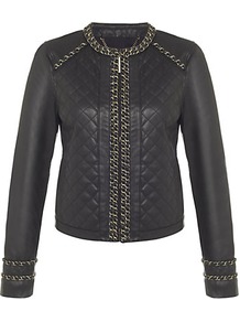 Quilted Leather Jacket - pattern: plain; collar: round collar/collarless; style: boxy; predominant colour: black; occasions: casual, evening; length: standard; fit: straight cut (boxy); fibres: leather - 100%; shoulder detail: added shoulder detail; sleeve length: long sleeve; sleeve style: standard; texture group: leather; collar break: high; pattern type: fabric; embellishment: chain/metal