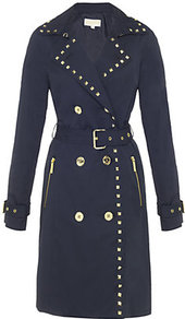 Studded Trench Coat - bust detail: added detail/embellishment at bust; style: trench coat; collar: standard lapel/rever collar; length: mid thigh; predominant colour: navy; occasions: casual, evening, work, occasion; fit: tailored/fitted; fibres: cotton - mix; waist detail: belted waist/tie at waist/drawstring; shoulder detail: added shoulder detail; back detail: back vent/flap at back; sleeve length: long sleeve; sleeve style: standard; trends: glamorous day shifts; collar break: medium; pattern type: fabric; pattern size: small & light; texture group: other - light to midweight; embellishment: beading