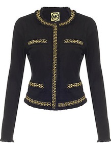 Embellished Denim Jacket - pattern: plain; style: single breasted blazer; bust detail: added detail/embellishment at bust; collar: round collar/collarless; fit: slim fit; predominant colour: black; occasions: casual, evening, work, occasion; length: standard; fibres: cotton - mix; sleeve length: long sleeve; sleeve style: standard; texture group: cotton feel fabrics; collar break: high; pattern type: fabric; embellishment: chain/metal
