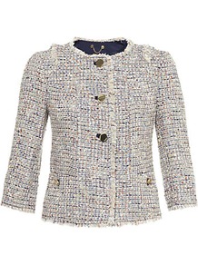 Emma Jacket - collar: round collar/collarless; style: boxy; pattern: herringbone/tweed; predominant colour: white; occasions: casual, evening, work; length: standard; fit: straight cut (boxy); fibres: cotton - mix; sleeve length: 3/4 length; sleeve style: standard; collar break: high; pattern type: fabric; pattern size: small & light; texture group: tweed - light/midweight