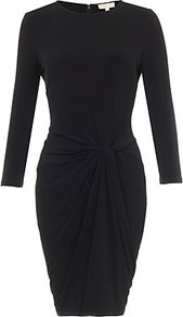 Knotted Jersey Dress - style: shift; pattern: plain; waist detail: twist front waist detail/nipped in at waist on one side/soft pleats/draping/ruching/gathering waist detail; predominant colour: black; occasions: casual, evening, work, occasion; length: just above the knee; fit: body skimming; fibres: polyester/polyamide - stretch; neckline: crew; hip detail: soft pleats at hip/draping at hip/flared at hip; sleeve length: 3/4 length; sleeve style: standard; pattern type: fabric; texture group: jersey - stretchy/drapey