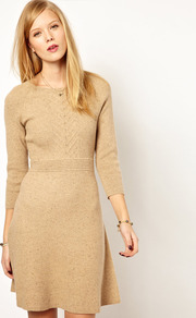 Nw3 Knitted Flared Dress - neckline: slash/boat neckline; pattern: plain; predominant colour: camel; occasions: casual, work; length: just above the knee; fit: fitted at waist & bust; style: fit & flare; fibres: cotton - mix; sleeve length: 3/4 length; sleeve style: standard; texture group: knits/crochet; pattern type: knitted - fine stitch