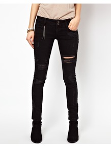 Matilda Skinny In Black Destroy Denim - style: skinny leg; length: standard; pattern: plain; pocket detail: traditional 5 pocket; waist: mid/regular rise; predominant colour: black; occasions: casual; fibres: cotton - stretch; jeans detail: dark wash; texture group: denim; pattern type: fabric