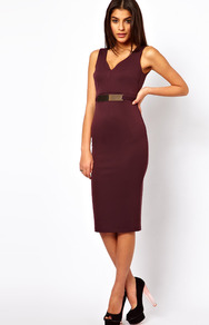 Pencil Dress With Gold Belt - length: below the knee; neckline: v-neck; fit: tight; pattern: plain; sleeve style: sleeveless; style: bodycon; waist detail: belted waist/tie at waist/drawstring; predominant colour: aubergine; occasions: evening, work, occasion; fibres: polyester/polyamide - stretch; sleeve length: sleeveless; texture group: jersey - clingy; trends: glamorous day shifts; pattern type: fabric