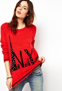Nyc Jumper - neckline: round neck; sleeve style: raglan; style: standard; predominant colour: true red; occasions: casual; length: standard; fibres: acrylic - mix; fit: loose; sleeve length: long sleeve; texture group: knits/crochet; pattern type: knitted - other; pattern size: standard; pattern: patterned/print