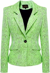 Green Trot Jacquard Jacket Uk - style: single breasted blazer; collar: standard lapel/rever collar; predominant colour: lime; occasions: evening, work, occasion; length: standard; fit: tailored/fitted; fibres: polyester/polyamide - stretch; waist detail: fitted waist; sleeve length: long sleeve; sleeve style: standard; trends: fluorescent; collar break: medium; pattern type: fabric; pattern size: small & busy; pattern: animal print; texture group: brocade/jacquard