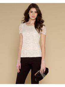 Lottie Lace Top - neckline: round neck; pattern: plain; predominant colour: ivory; occasions: casual, evening, work; length: standard; style: top; fibres: polyester/polyamide - mix; fit: straight cut; sleeve length: short sleeve; sleeve style: standard; texture group: lace; pattern type: fabric; pattern size: standard