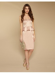 Claudia Strapless Dress - style: shift; neckline: round neck; fit: tailored/fitted; sleeve style: strapless; bust detail: added detail/embellishment at bust; hip detail: fitted at hip; shoulder detail: contrast pattern/fabric at shoulder; waist detail: peplum waist detail; predominant colour: nude; occasions: evening, occasion; length: on the knee; fibres: polyester/polyamide - mix; sleeve length: sleeveless; texture group: structured shiny - satin/tafetta/silk etc.; pattern type: fabric; embellishment: beading