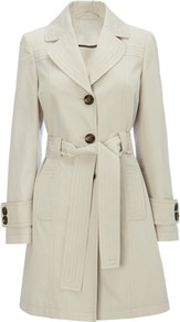 Stone Single Breasted Belted Mac - pattern: plain; style: mac; collar: standard lapel/rever collar; length: mid thigh; predominant colour: stone; occasions: casual, evening, work; fit: tailored/fitted; fibres: cotton - mix; waist detail: belted waist/tie at waist/drawstring; sleeve length: long sleeve; sleeve style: standard; texture group: cotton feel fabrics; collar break: medium; pattern type: fabric