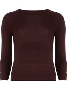 Burgundy Raglan Jumper - sleeve style: raglan; style: standard; hip detail: fitted at hip; predominant colour: burgundy; occasions: casual, work; length: standard; fibres: acrylic - 100%; fit: slim fit; neckline: crew; waist detail: fitted waist; sleeve length: 3/4 length; texture group: knits/crochet; pattern type: knitted - fine stitch