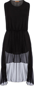 Black Dip Hem Midi Dress - style: shift; neckline: round neck; fit: fitted at waist; pattern: plain; sleeve style: sleeveless; predominant colour: black; occasions: evening, occasion; length: just above the knee; fibres: cotton - 100%; back detail: longer hem at back than at front; sleeve length: sleeveless; texture group: sheer fabrics/chiffon/organza etc.; pattern type: fabric